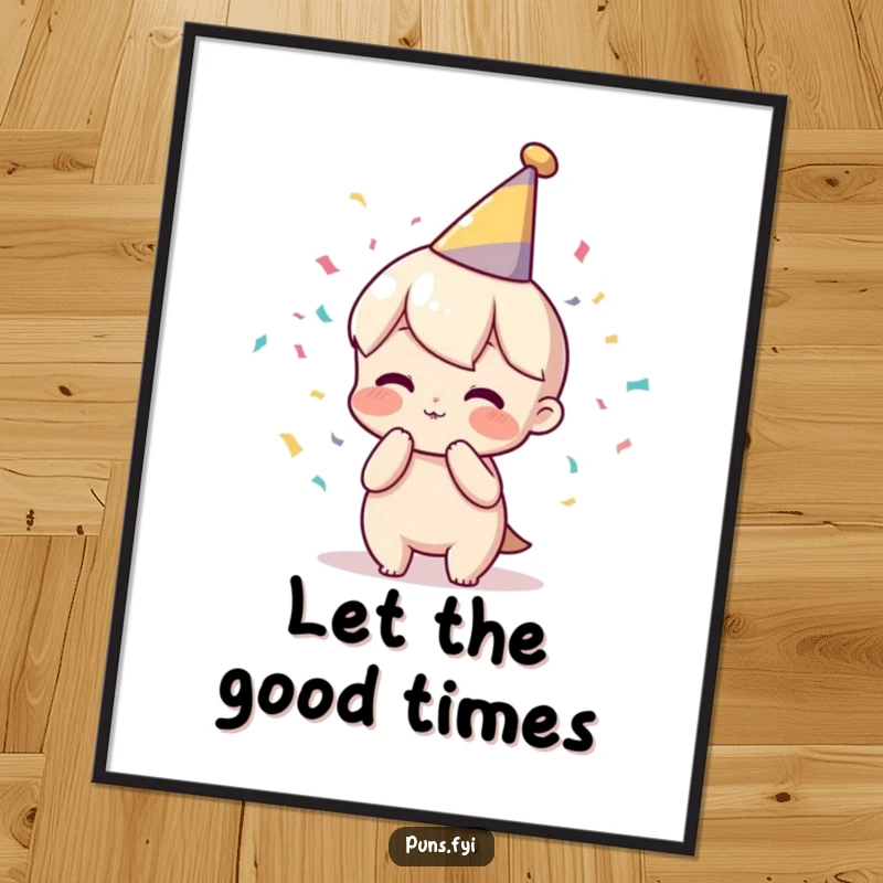Funny poster of a character in a party hat blowing confetti, adding vibrant, celebratory humor to any wall space.
