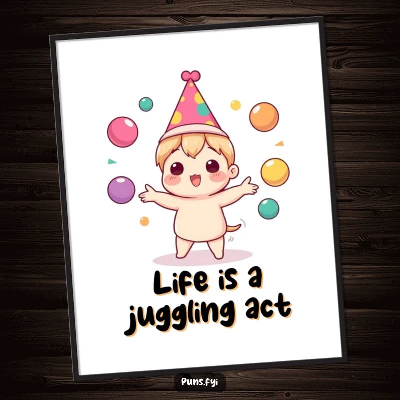 Funny Poster art of a cute character wearing a party hat, enthusiastically juggling colorful balls, radiating festive excitement.