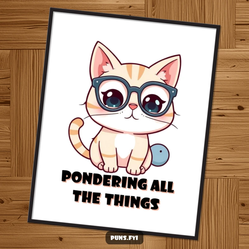 Funny kawaii cat wearing glasses, examining a giant question mark, a thought-provoking wall art poster.