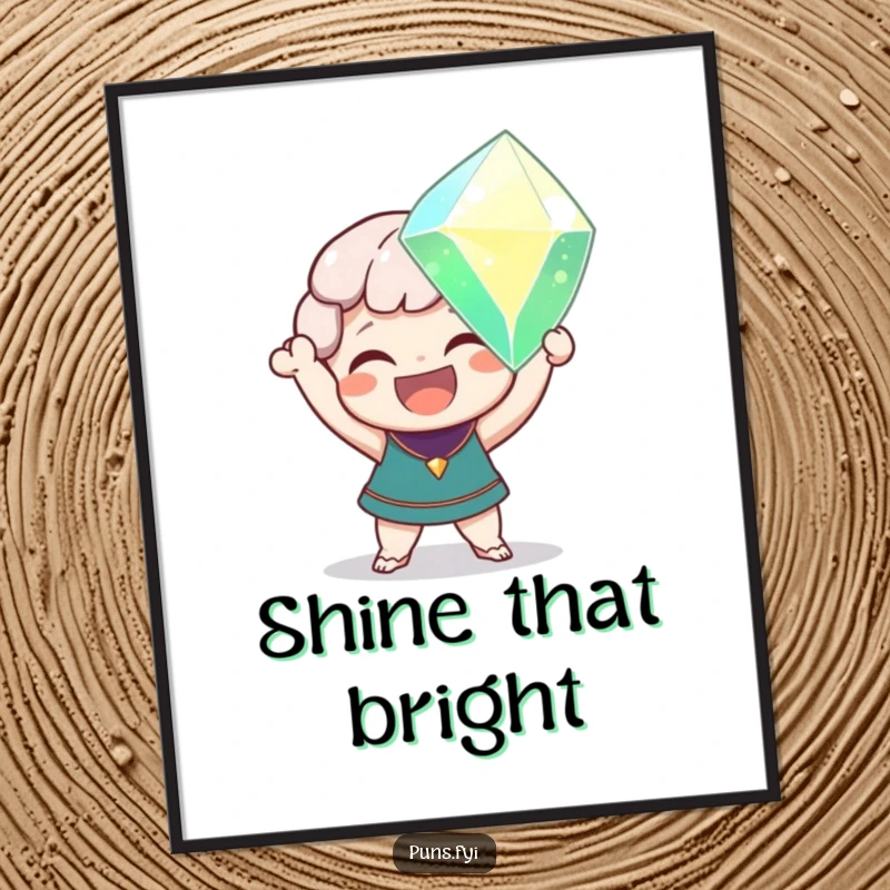 Funny poster art showcasing a delighted character holding a huge, sparkling gem, capturing pure joy and the thrill of discovery.