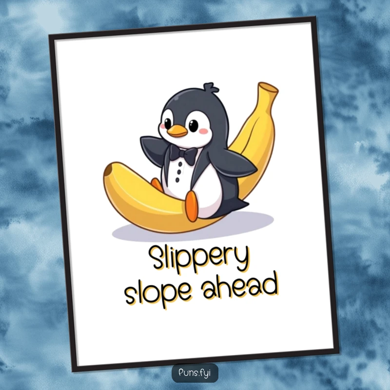 Funny poster depicting a penguin in a tuxedo comically slipping on a large banana peel, capturing a moment of pure comedic absurdity.