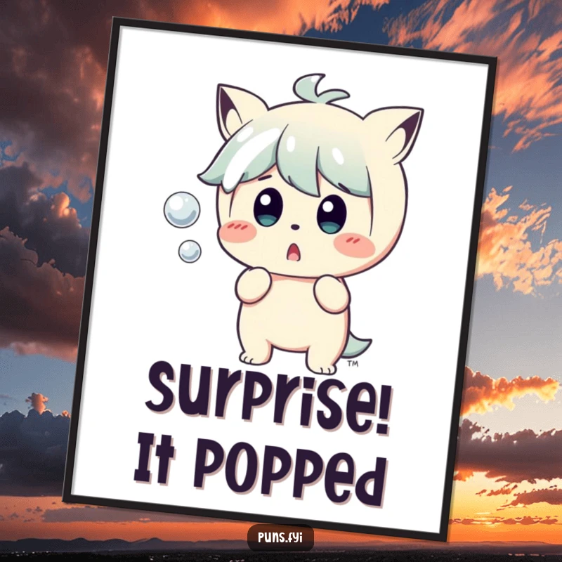 Funny Poster: A large print showing a character's exaggerated surprise and alarm at a tiny, unexpectedly popping bubble.