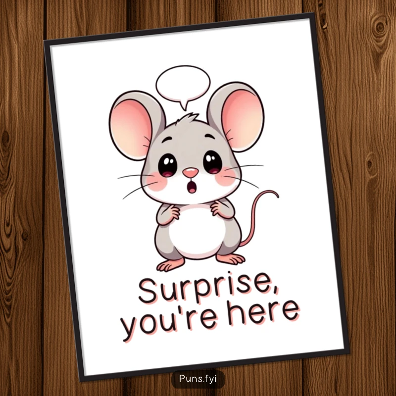 Funny poster displaying a kawaii mouse with a very surprised look, a speech bubble above its head, creating humorous wall decor.