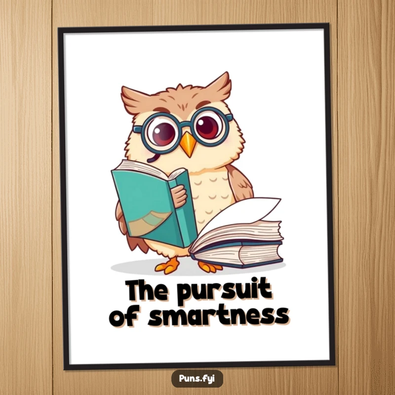 Funny owl poster showcasing a happy owl with a monocle, excitedly pointing at a large book, creating a sophisticated and humorous art piece.