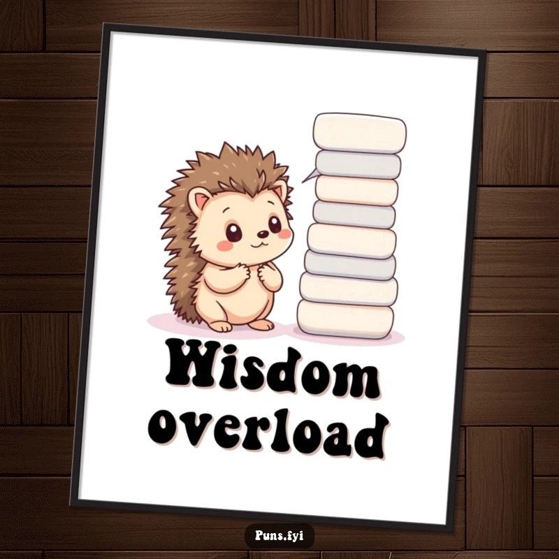 Funny poster of a kawaii hedgehog looking thoughtful, surrounded by word bubbles, creating intellectual and cute wall decor.