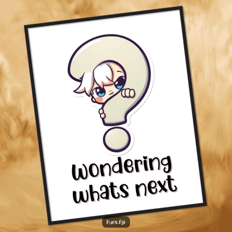 Funny Poster: A captivating print of a mischievous character peeking with curious eyes from behind a large, colorful question mark.