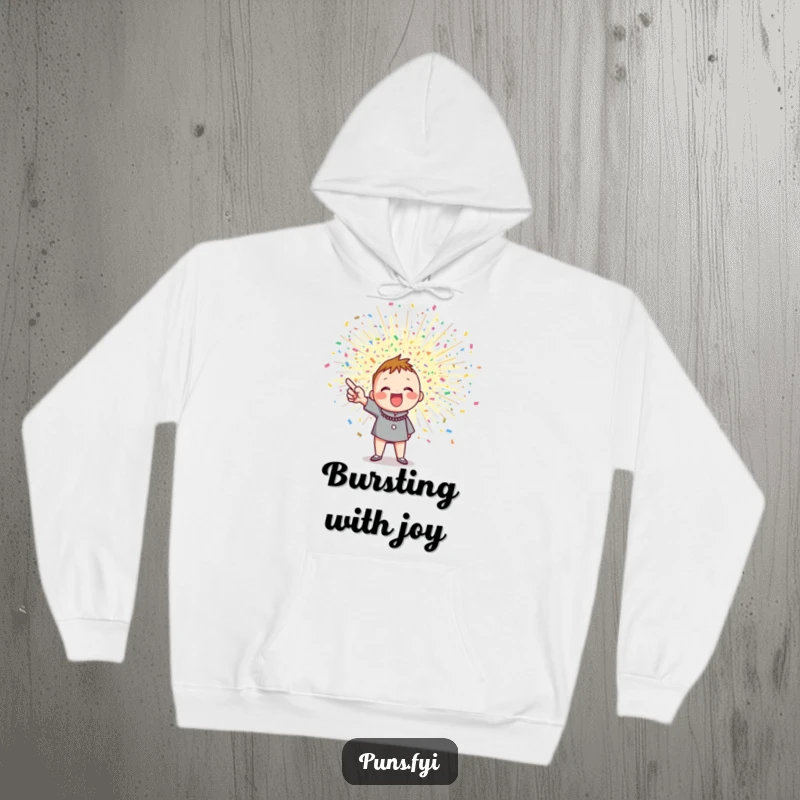 Funny hoodie with an enthusiastic character gleefully pointing at a spectacular exploding confetti burst, perfect for celebrations.