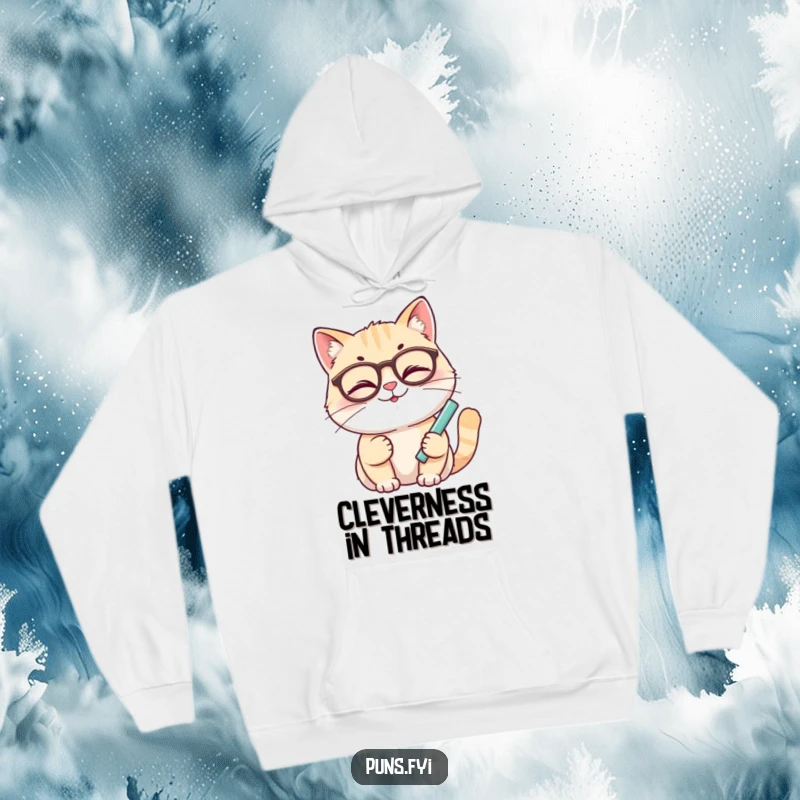 Funny cat hoodie featuring a smiling cat with glasses winking while holding chalk, offering warm, smart comfort.