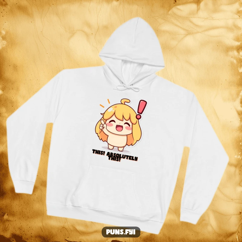 Funny hoodie featuring a character nodding enthusiastically at a large exclamation point, perfect for cozy agreement.