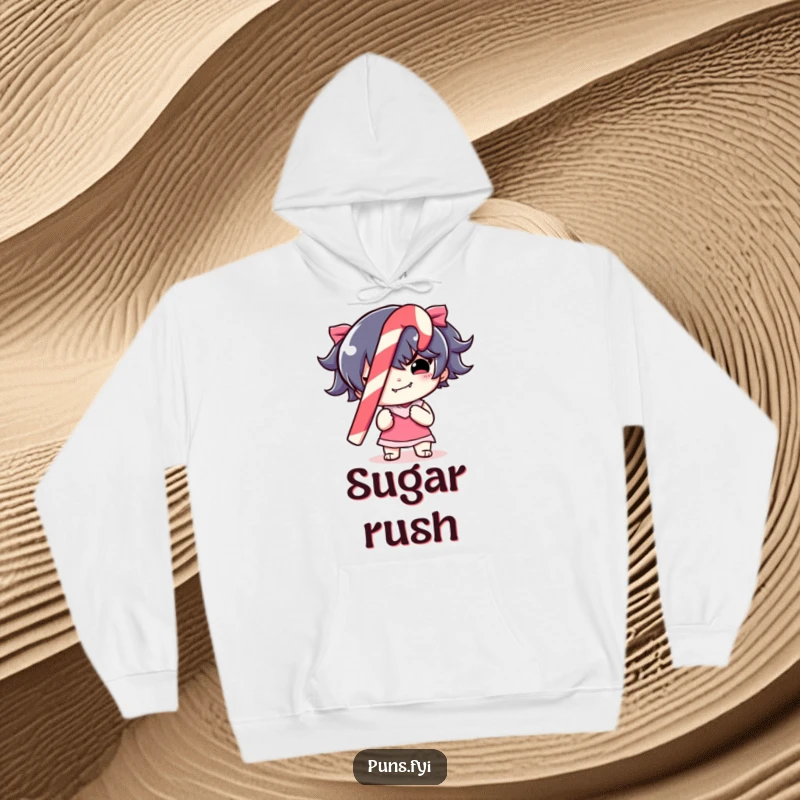 Funny Hoodie with a mischievous character holding a festive, striped candy cane, designed for cozy holiday vibes and humor.