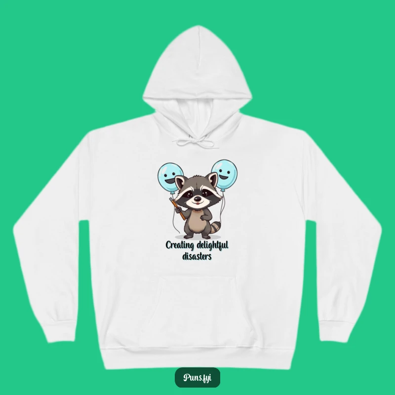 Cozy Funny Raccoon Balloon Painting Hoodie: Warm & Hilarious Party Apparel