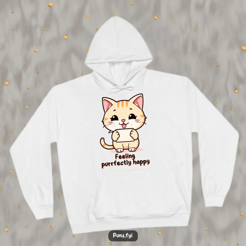 Funny cat hoodie featuring a happy cat holding a speech bubble with a grinning word icon, symbolizing cheerful communication and comfort.