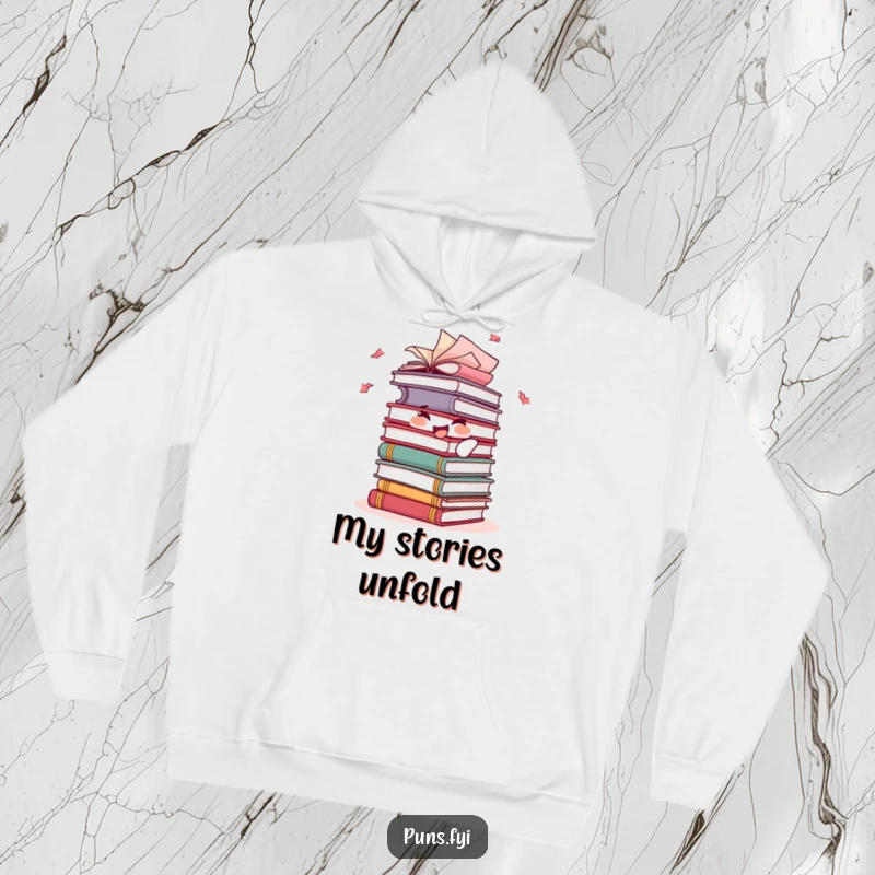 Funny hoodie featuring a cheerful stack of books character with pages playfully fluttering, embracing the joy of reading.