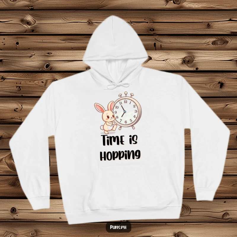 Funny hoodie with an impatient bunny tapping its foot next to a giant clock, offering cozy humor and relatable urgency.