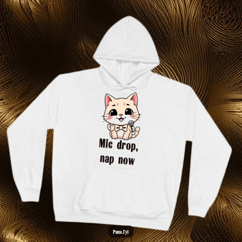 Funny cat hoodie showing a smiling cat wearing a bowtie and holding a tiny microphone, a warm and humorous garment.