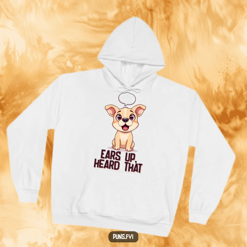 Funny, warm hoodie featuring a dog with ears perked high in surprise, a large speech bubble overhead, ready for comfort.