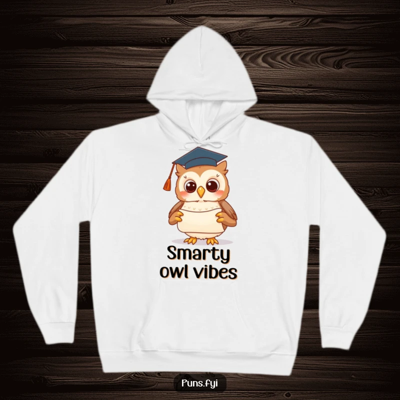 Funny hoodie featuring a cute owl wearing a tiny graduation cap, majestically presenting a scroll with a flourish.