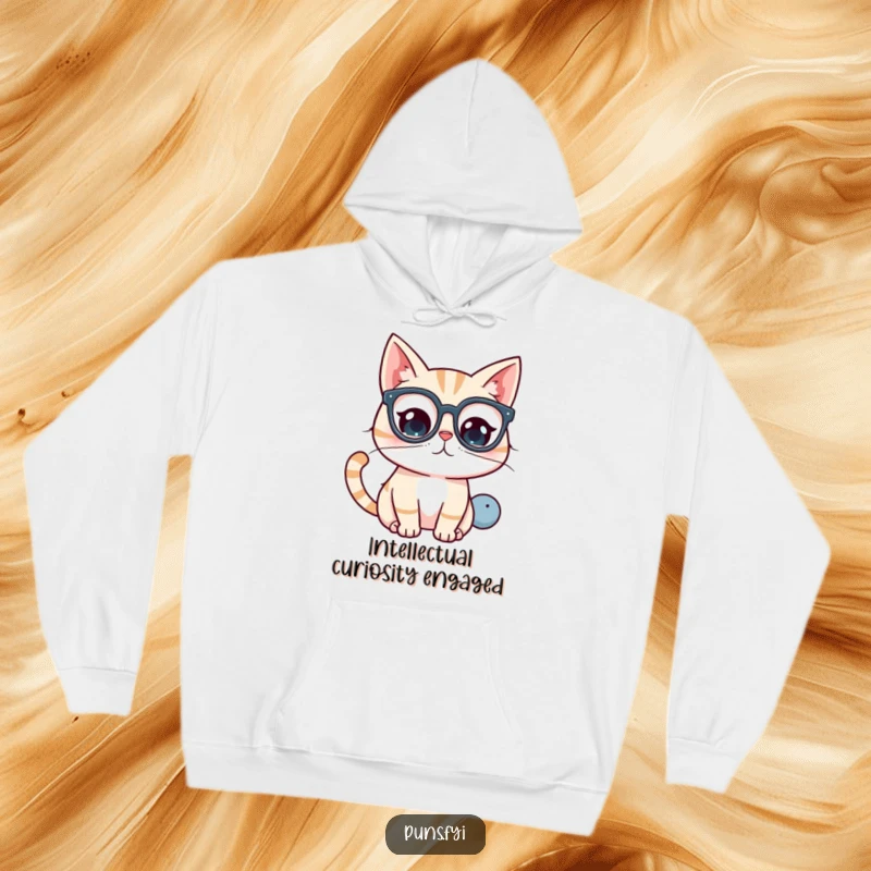 Funny kawaii cat wearing glasses, looking intently at a giant question mark on a hoodie.