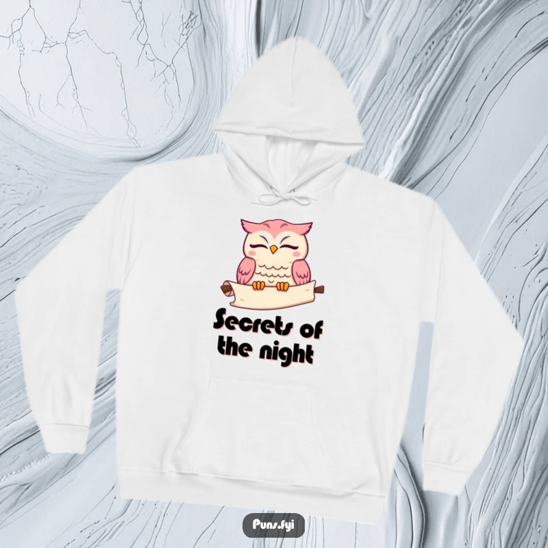 Funny kawaii owl hoodie with a cute winking owl and an unrolling scroll, symbolizing wisdom and cozy study.