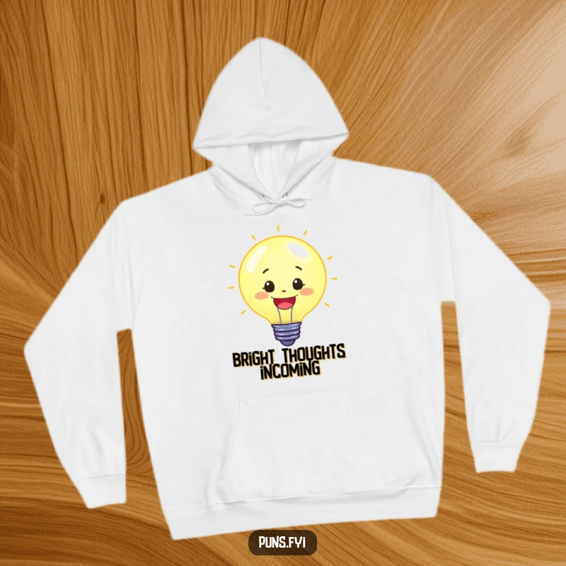 Funny hoodie featuring a glowing, cheerful lightbulb character, symbolizing bright ideas and high energy, a perfect funny gift.