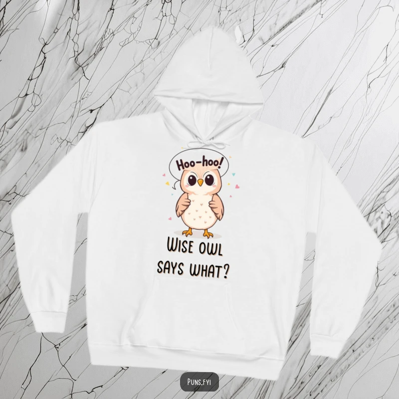 Funny hoodie featuring a cute owl character joyfully spewing 'Hoo-hoo!' confetti from its speech bubble, perfect for cozy laughs.