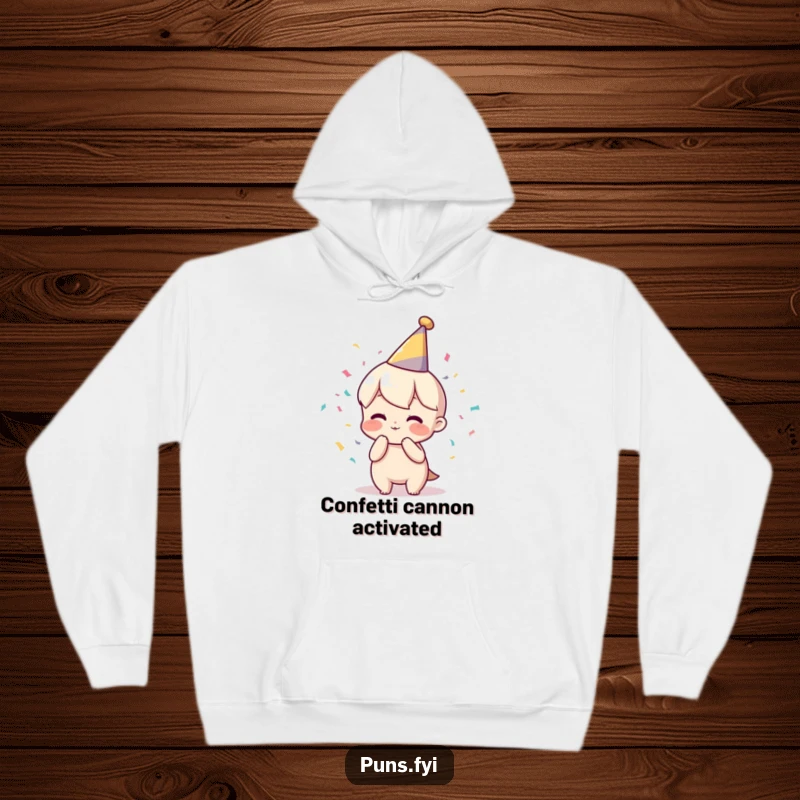 Funny hoodie featuring a character wearing a party hat, joyfully releasing a confetti poof, ideal for festive comfort.