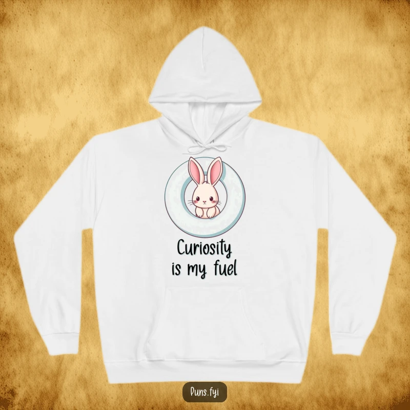 Funny rabbit hoodie showing a curious rabbit peeking from a giant spinning letter, perfect for cozy exploration and fun.