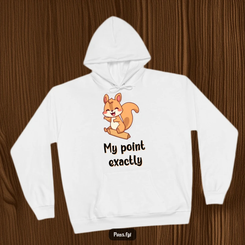 Funny hoodie featuring a ecstatic squirrel making a bold statement by riding a giant exclamation point with pure glee.