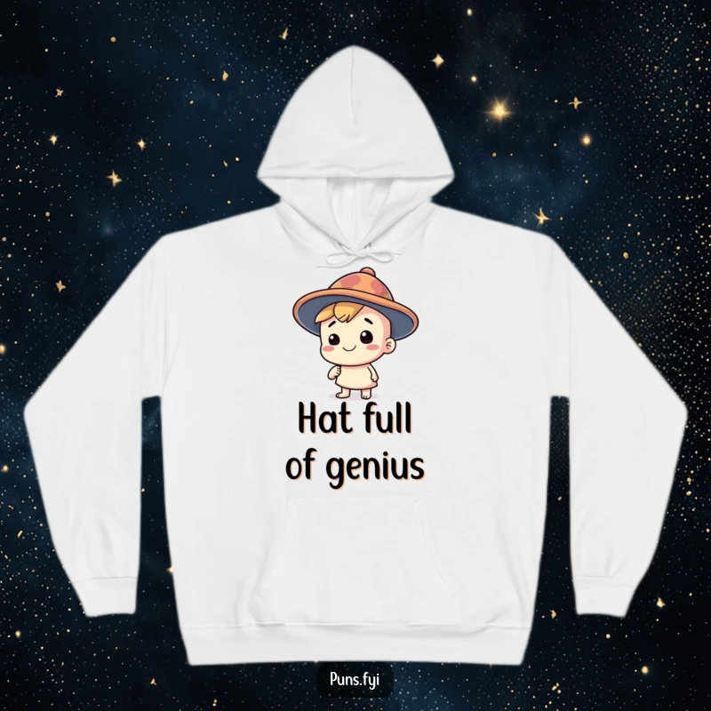 Funny hoodie featuring a joyful character with a silly, oversized thinking cap, designed for comfort while pondering quirky ideas, a great funny gift.