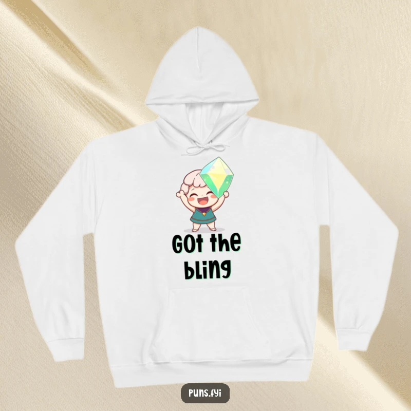 Funny hoodie depicting a delighted character joyfully holding a massive, sparkling gem, perfect for staying warm and feeling rich.