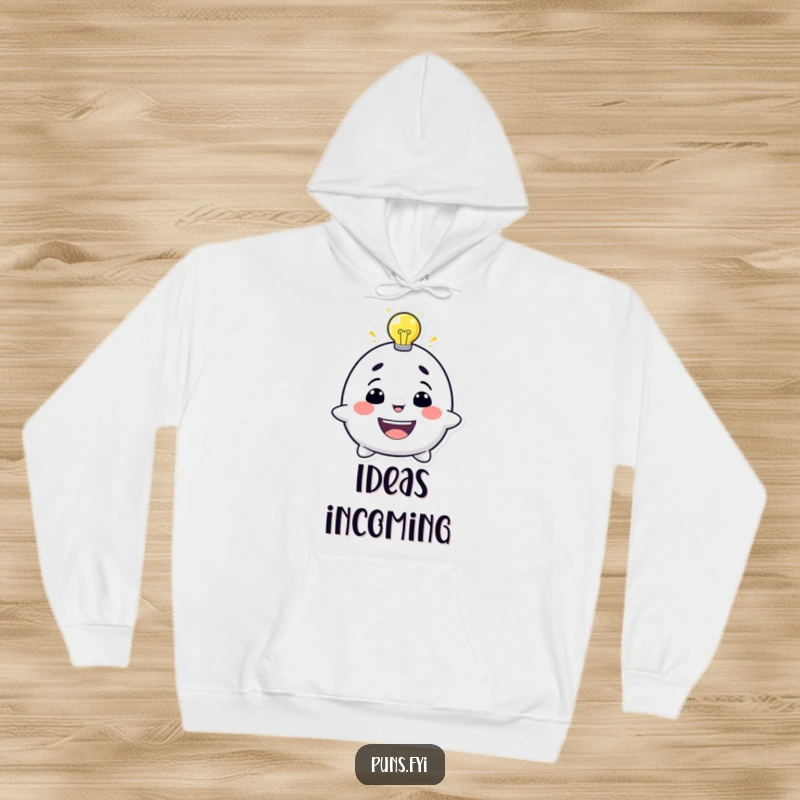 Funny hoodie depicting a joyful character with a shining lightbulb above its head, perfect for cold days and bright ideas.