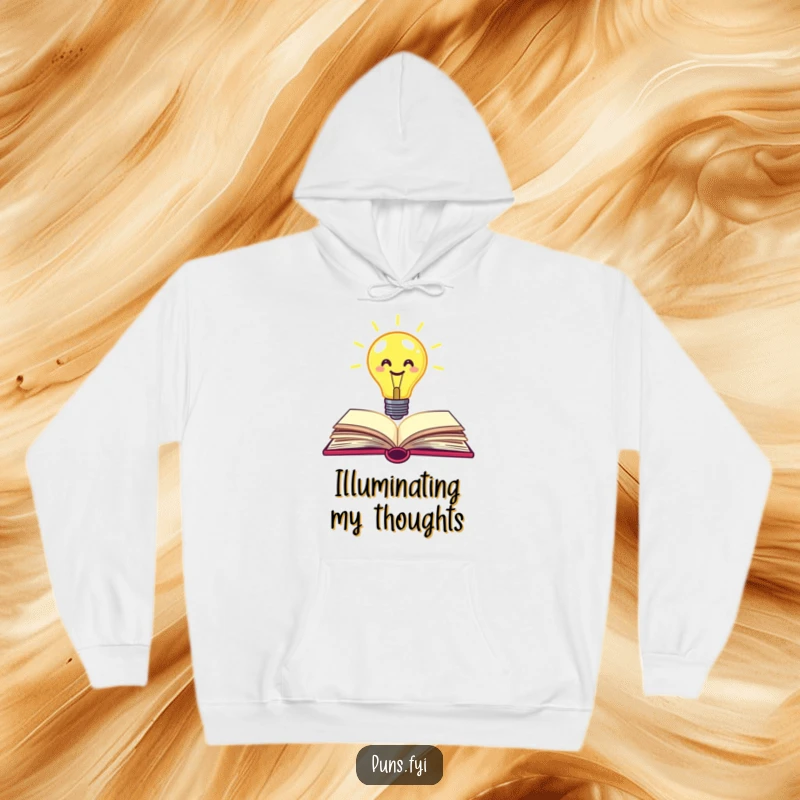 Funny lightbulb hoodie with a smiling lightbulb emerging from a book, symbolizing eureka moments and intellectual energy.