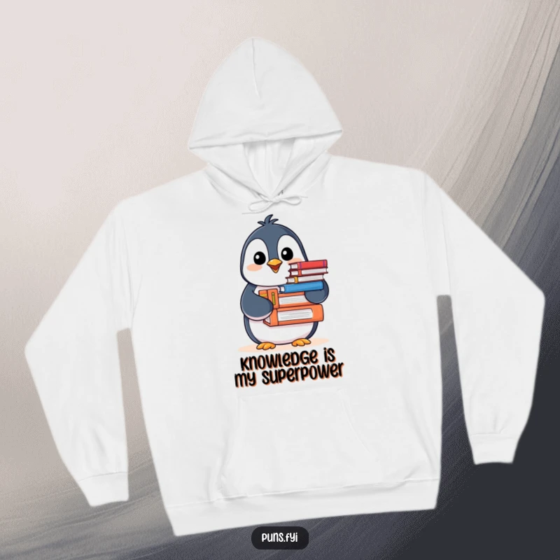 Funny Penguin Hoodie depicting a cheerful penguin offering a stack of books, ideal for cozy reading sessions and book lovers.