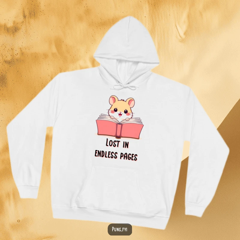 Funny hoodie featuring a happy hamster peeking from behind a massive open book, embodying a love for literature.