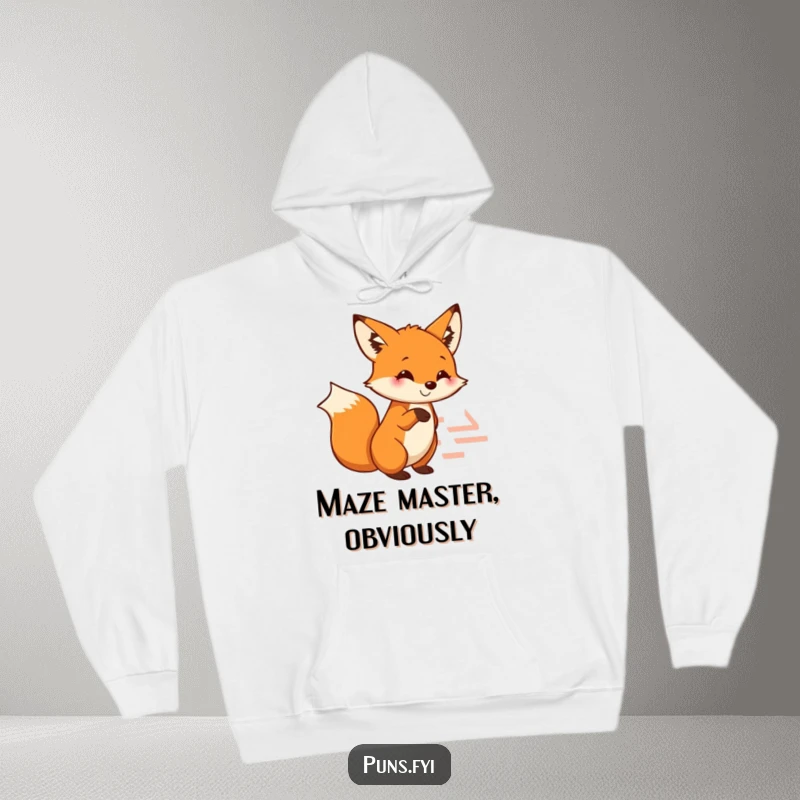 Funny fox hoodie depicting a smiling fox pointing at a maze, representing cleverness and a fun approach to challenges.