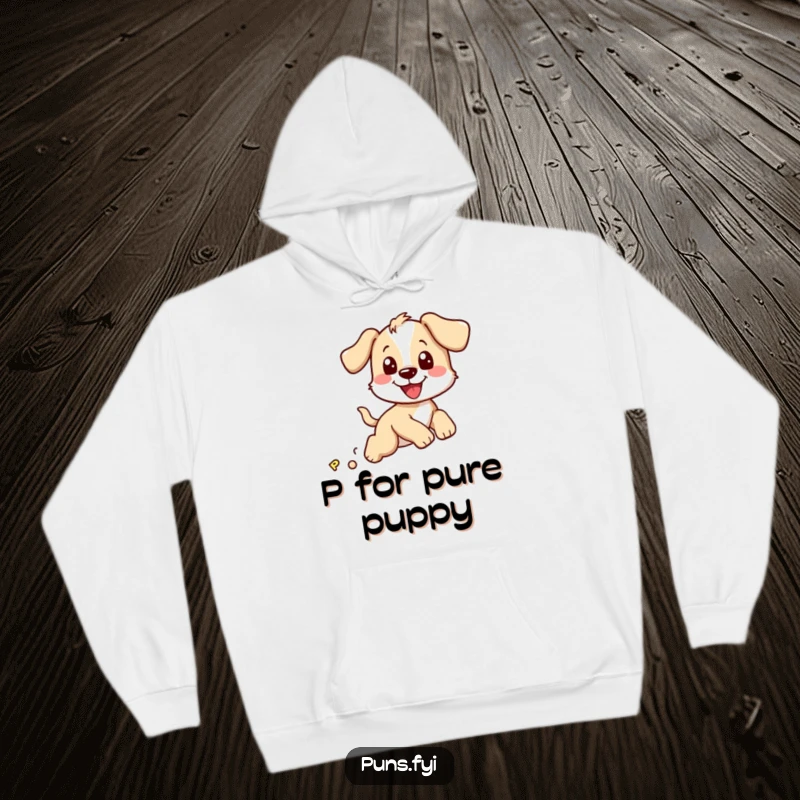 Funny hoodie showcasing a happy puppy character in hot pursuit of a bouncy letter P, radiating pure, unadulterated fun.