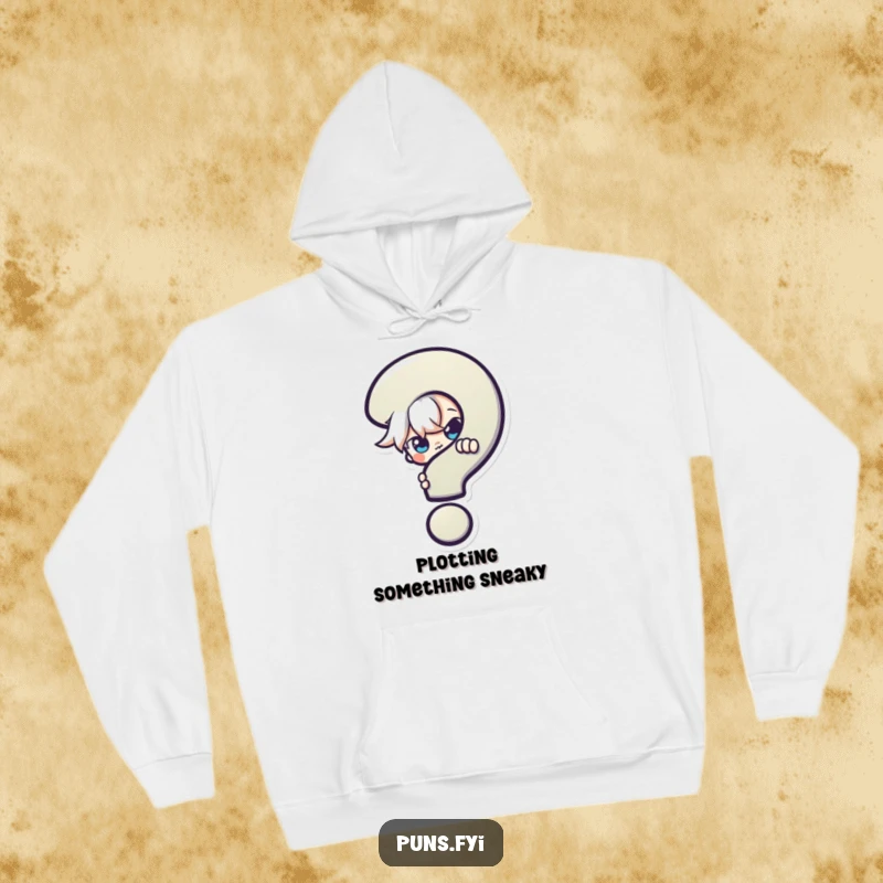Funny Hoodie: A comfortable hoodie depicting a mischievous character playfully peeking from behind a question mark, adding a touch of mystery.
