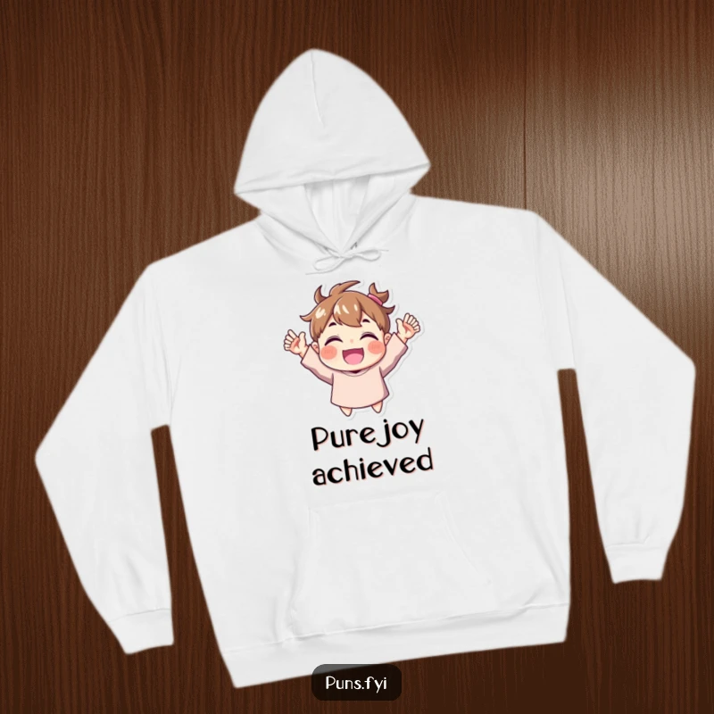 Funny Hoodie: A warm, comfortable hoodie displaying a character's ecstatic expression as they cheer with both hands raised in celebration.