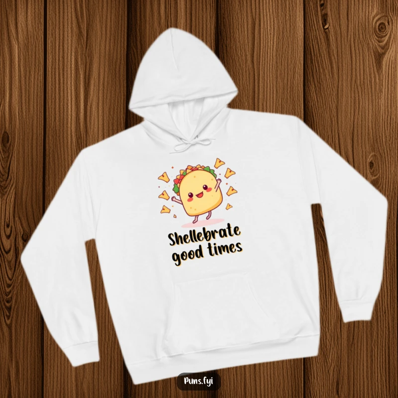 Funny hoodie depicting a taco with legs dancing joyfully, with tiny nachos flying around, a warm and humorous statement piece.