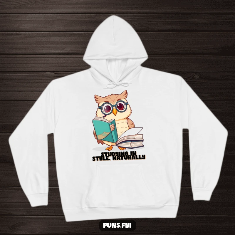 Funny owl hoodie featuring a happy owl wearing a monocle, excitedly gesturing towards a large book, perfect for cozy reading sessions.
