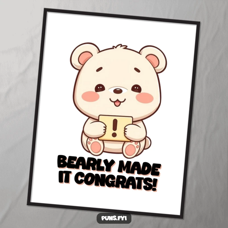 Funny Free Printable Wall Art: An adorable kawaii bear with a wide, playful grin holds up a sign with a bold exclamation mark.