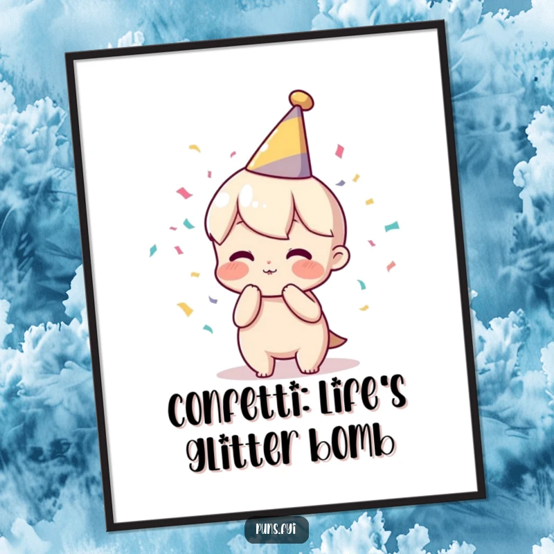 Funny Free Printable Wall Art: A festive character wearing a party hat, blowing a dynamic poof of colorful confetti.
