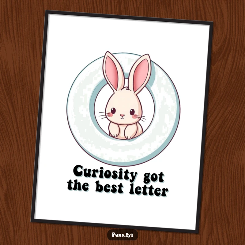 Funny free printable wall art: a curious rabbit peeking from behind a large, spinning letter, creating a sense of playful wonder.