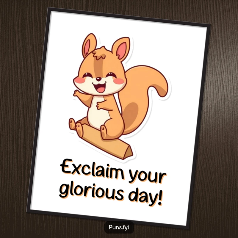 Funny free printable wall art of a happy squirrel excitedly riding a colossal exclamation point, bringing pure joy.