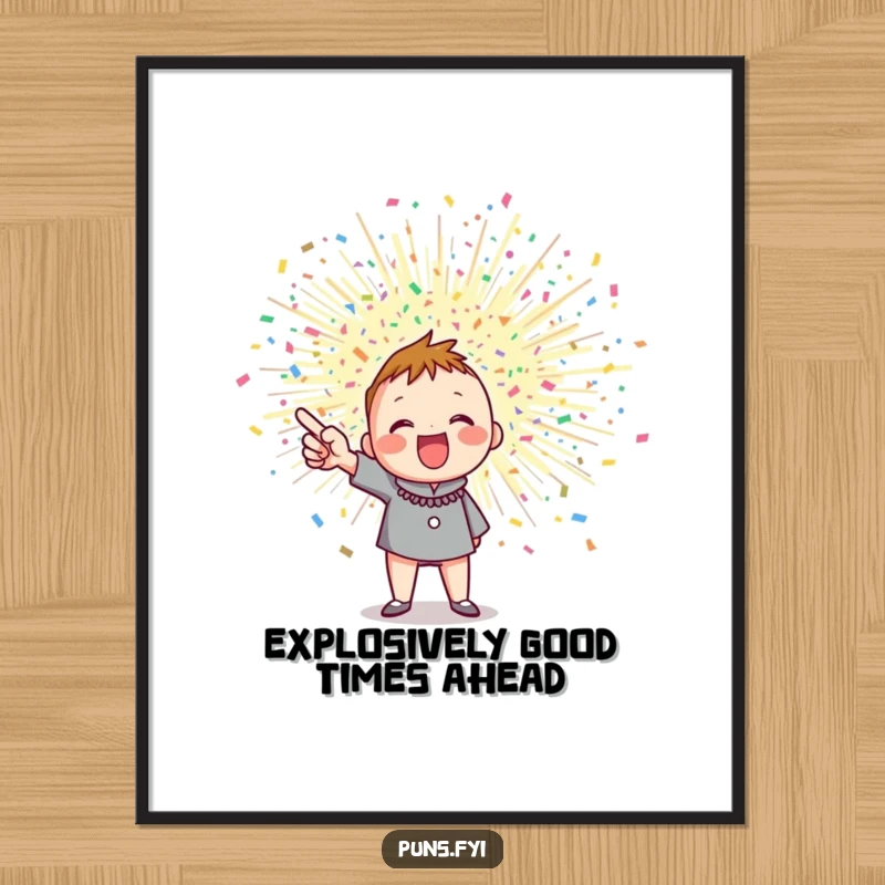 Funny Free Printable Wall Art: Character excitedly points at a large, stylized, exploding confetti burst.