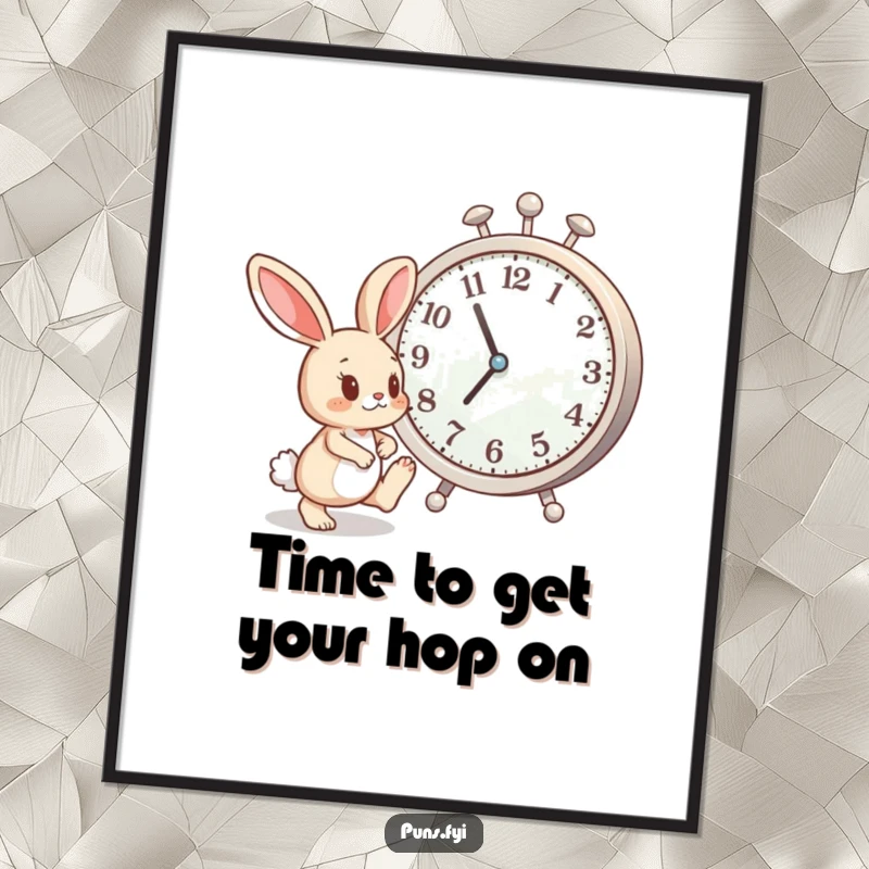 Free Printable Bunny Wall Art: A curious bunny tapping its foot impatiently beside a giant clock, funny downloadable decor with a humorous theme.