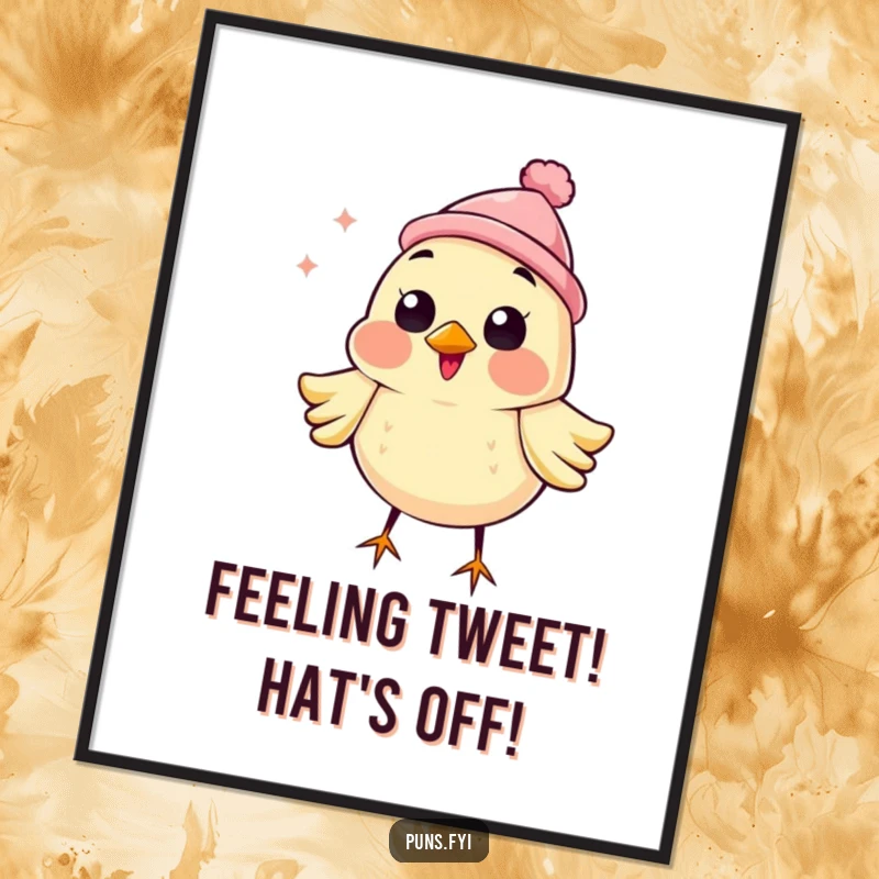 Funny free printable wall art: a happy bird wearing a tiny hat, chirping loudly.