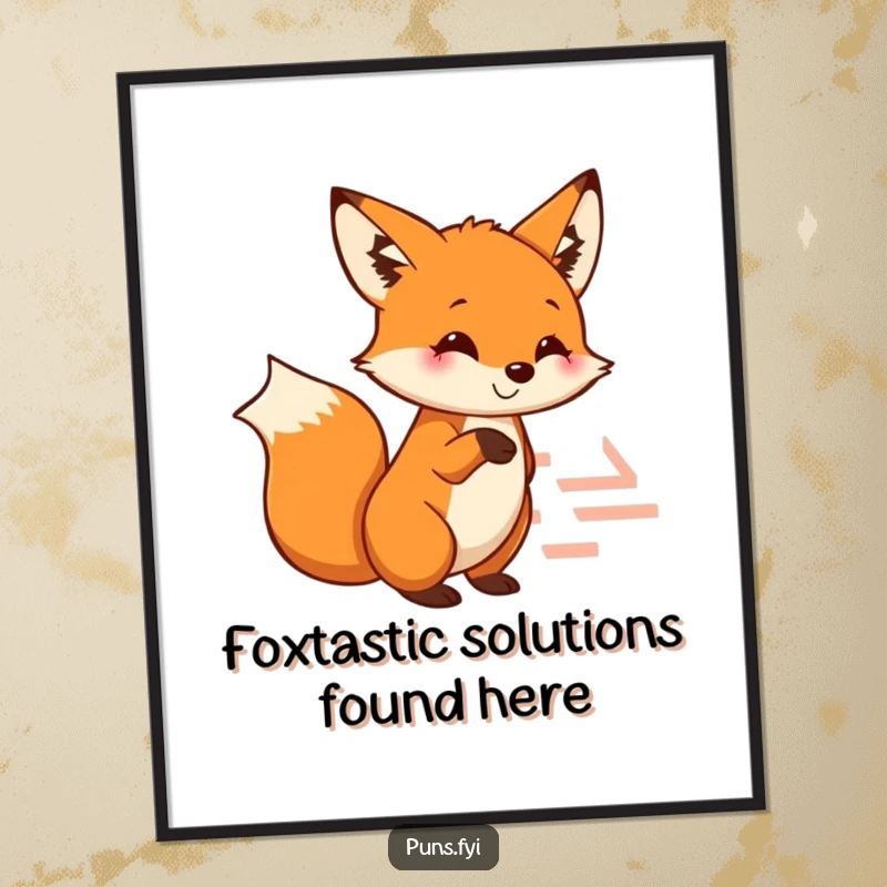 Funny free printable wall art: a smiling fox with a paw raised, pointing towards an intriguing maze entrance, suggesting mystery.