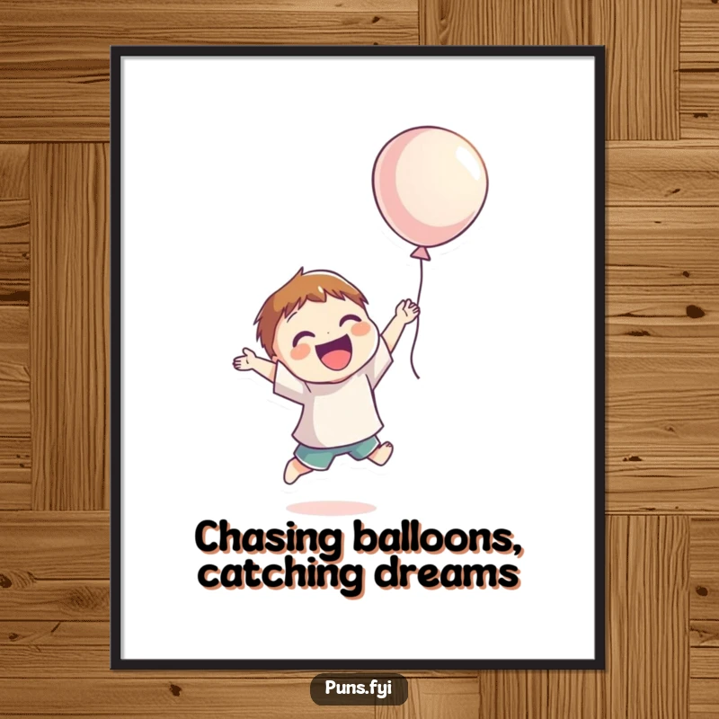 Funny Free Printable Wall Art: Smiling character jumping with pure joy, reaching for a floating balloon.