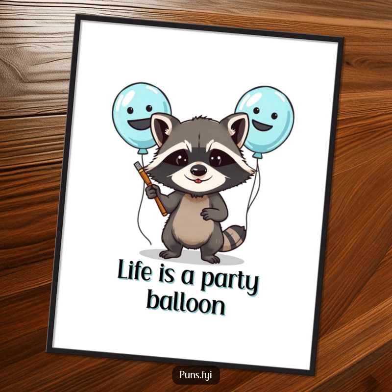 Funny Free Printable Wall Art: A determined raccoon character about to paint silly faces on a bunch of colorful balloons.